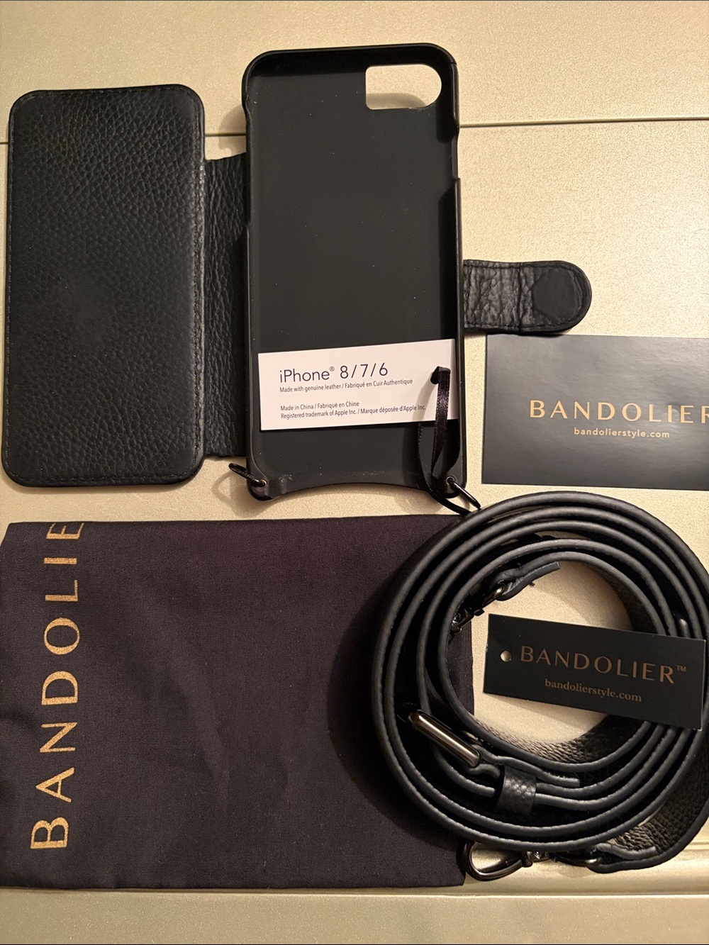 Bandolier Hailey Folio Black Leather Crossbody iPhone 8/7/6/SE Case with Strap